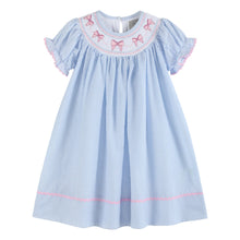 Load image into Gallery viewer, Blue Seersucker Bow Smocked Bishop Dress