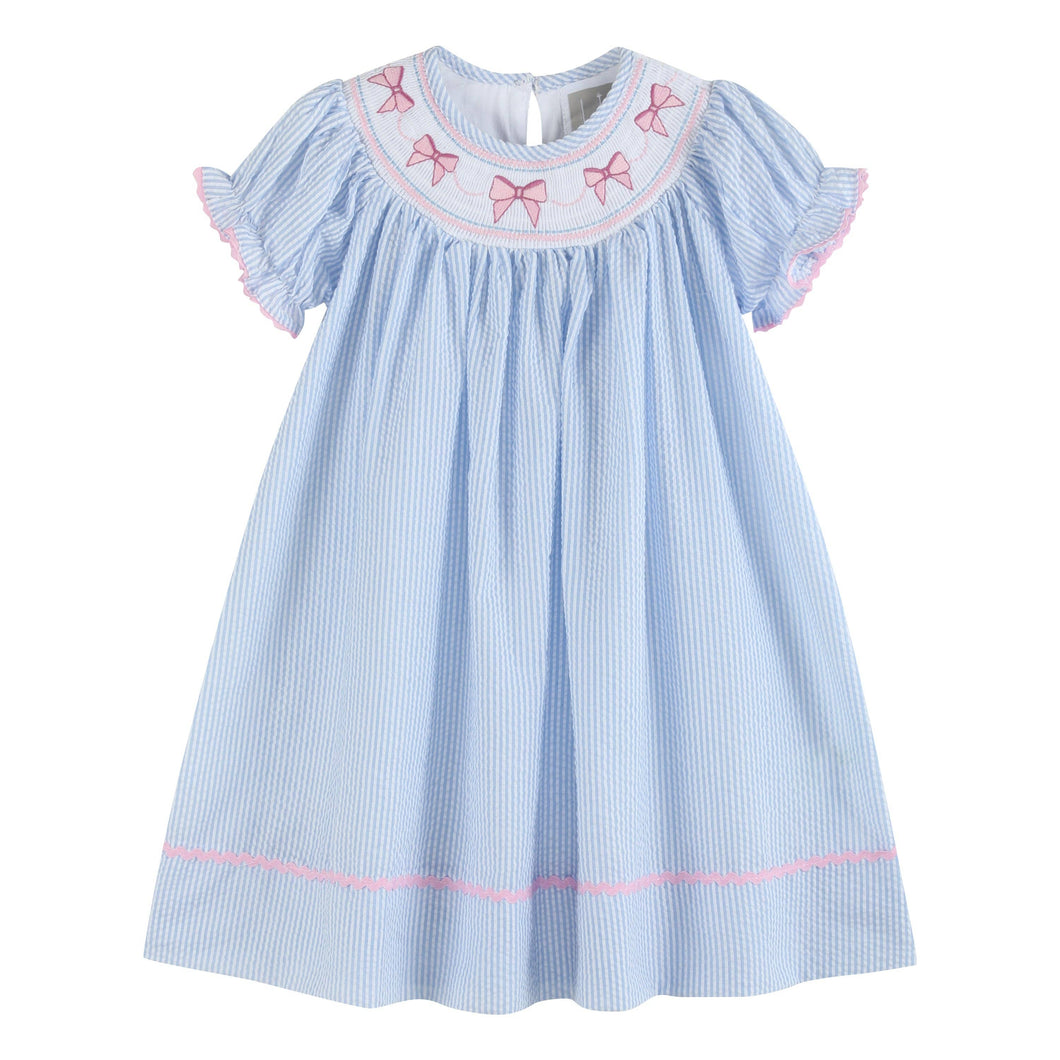 Blue Seersucker Bow Smocked Bishop Dress