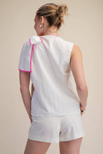 Load image into Gallery viewer, Asymmetric Pleated Shoulder Contrasting Bow Top - White