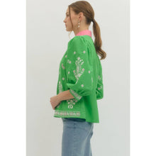 Load image into Gallery viewer, Floral embroidered 3/4 puff sleeve top - Green