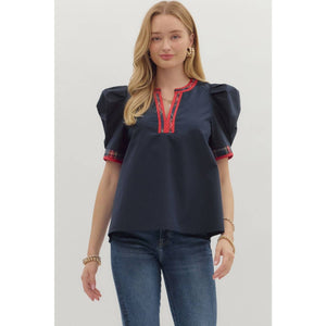 Navy short pleated puff sleeve top
