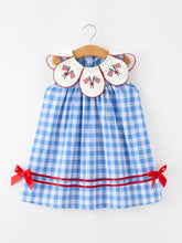Load image into Gallery viewer, Girls 4th of July Plaid Twirl Dress Bow Embroidery Petals Collar