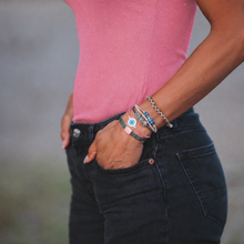 Load image into Gallery viewer, K'lani hair tie bracelets - "Mahjong" Themed in Pink, Green &amp; Blue with Lotus &amp; Tile Accent Hair Tie Bracelets