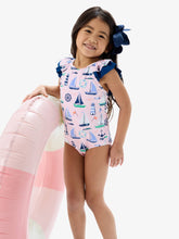 Load image into Gallery viewer, RuffleButts + RuggedButts - Girls Pink Sweet Sails Bow V-Back One Piece Swimsuit