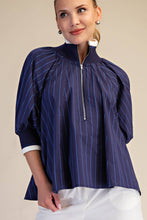 Load image into Gallery viewer, Mock Neck Band Puff Sleeve Blouse- Navy