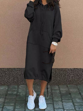 Drawstring Hoodie Sweatshirt Dress - Black
