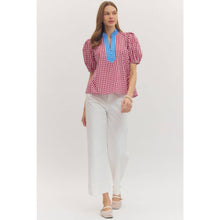 Load image into Gallery viewer, Gingham short puff sleeve top