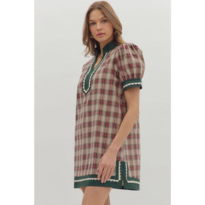 Plaid short puff sleeve mini dress