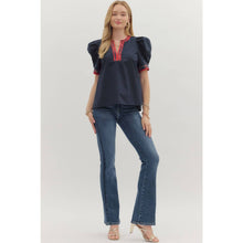 Load image into Gallery viewer, Navy short pleated puff sleeve top