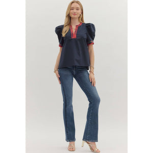 Navy short pleated puff sleeve top