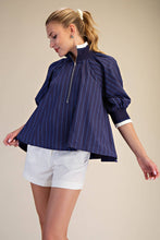 Load image into Gallery viewer, Mock Neck Band Puff Sleeve Blouse- Navy