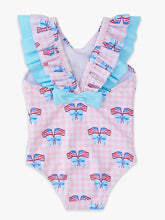 Load image into Gallery viewer, Girls Pink Patriotic Gingham Bow V-Back One Piece Swimsuit
