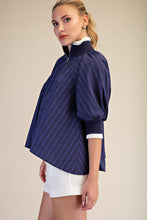 Load image into Gallery viewer, Mock Neck Band Puff Sleeve Blouse- Navy