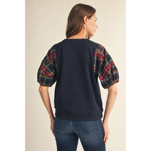 Load image into Gallery viewer, Plaid Puff Sleeves Comfy Top - Navy