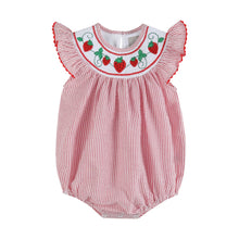 Load image into Gallery viewer, Red Seersucker Strawberry Smocked Romper