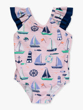 Load image into Gallery viewer, RuffleButts + RuggedButts - Girls Pink Sweet Sails Bow V-Back One Piece Swimsuit
