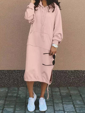 Drawstring Hoodie Sweatshirt Dress - Pink