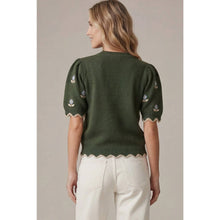 Load image into Gallery viewer, Flower Embroidery Scalloped Edged Sweater - Olive