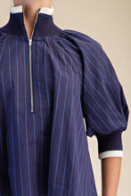 Load image into Gallery viewer, Mock Neck Band Puff Sleeve Blouse- Navy