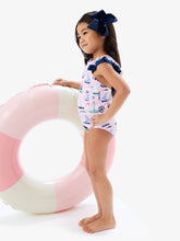 Load image into Gallery viewer, RuffleButts + RuggedButts - Girls Pink Sweet Sails Bow V-Back One Piece Swimsuit