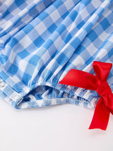 Load image into Gallery viewer, Girls 4th of July Plaid Romper Bow Embroidery Petals Collar