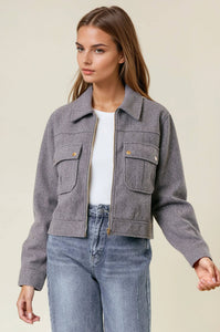 COLLARED NECK LONG SLEEVE FRONT METAL ZIP JACKET - 10611J