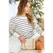 Load image into Gallery viewer, STYLE USA - LONG PUFF SLEEVE STRIPE TOP: GREEN / L