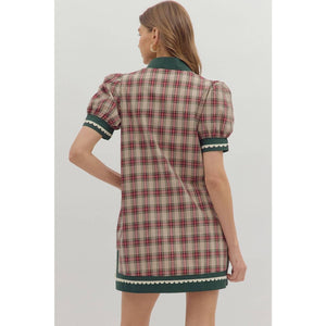 Plaid short puff sleeve mini dress