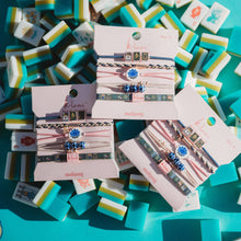 Load image into Gallery viewer, K'lani hair tie bracelets - "Mahjong" Themed in Pink, Green &amp; Blue with Lotus &amp; Tile Accent Hair Tie Bracelets