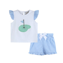 Load image into Gallery viewer, Girls Light Blue Gingham Golf Tee and Shorts 2pc Set