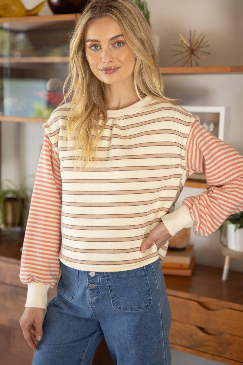 Mixed Striped Long Sleeve Knit Top