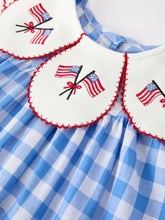 Load image into Gallery viewer, Girls 4th of July Plaid Twirl Dress Bow Embroidery Petals Collar