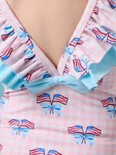 Load image into Gallery viewer, Girls Pink Patriotic Gingham Bow V-Back One Piece Swimsuit
