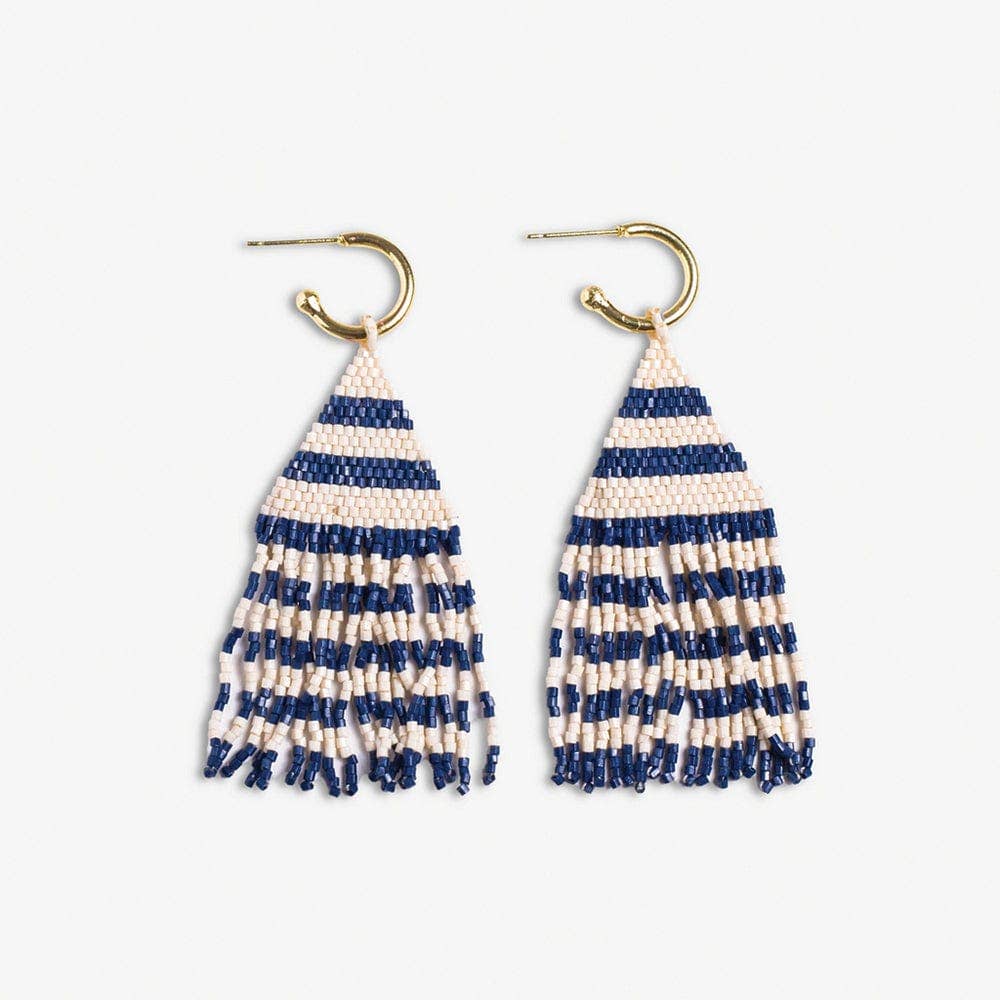 INK + ALLOY - James Mini Gold Hoop Two Tone Stripes Beaded Fringe Earrings Navy Wholesale
