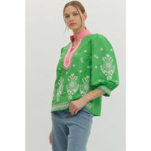 Load image into Gallery viewer, Floral embroidered 3/4 puff sleeve top - Green