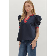 Load image into Gallery viewer, Navy short pleated puff sleeve top