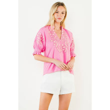 Load image into Gallery viewer, Puff Sleeve Floral Embroidery V-Neck Top
