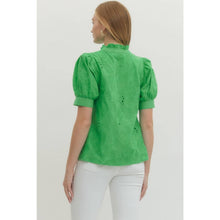 Load image into Gallery viewer, Floral embroidered short puff sleeve pullover top - Green
