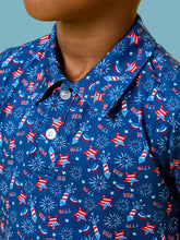 Load image into Gallery viewer, Boys Red White &amp; Boom Fireworks Knit Short Sleeve Performance Polo